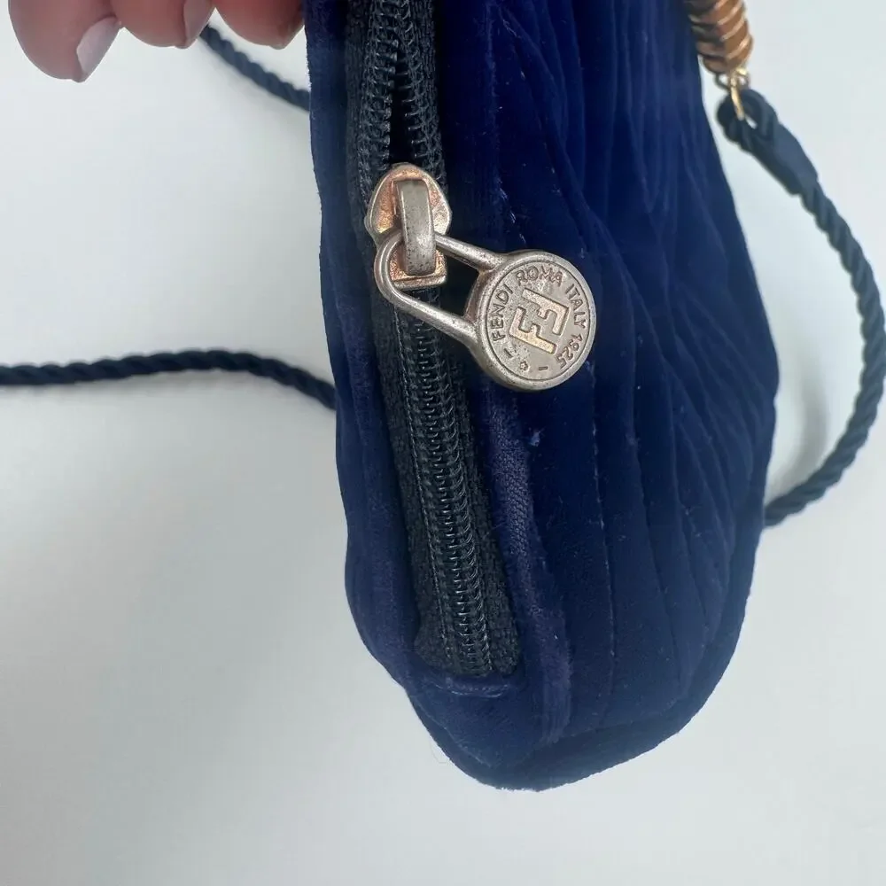 Fendi Vintage Blue Quilted Velvet‎ Pasta Crossbody Bag CoA Authentic Lagerfeld - Picture 7 of 8